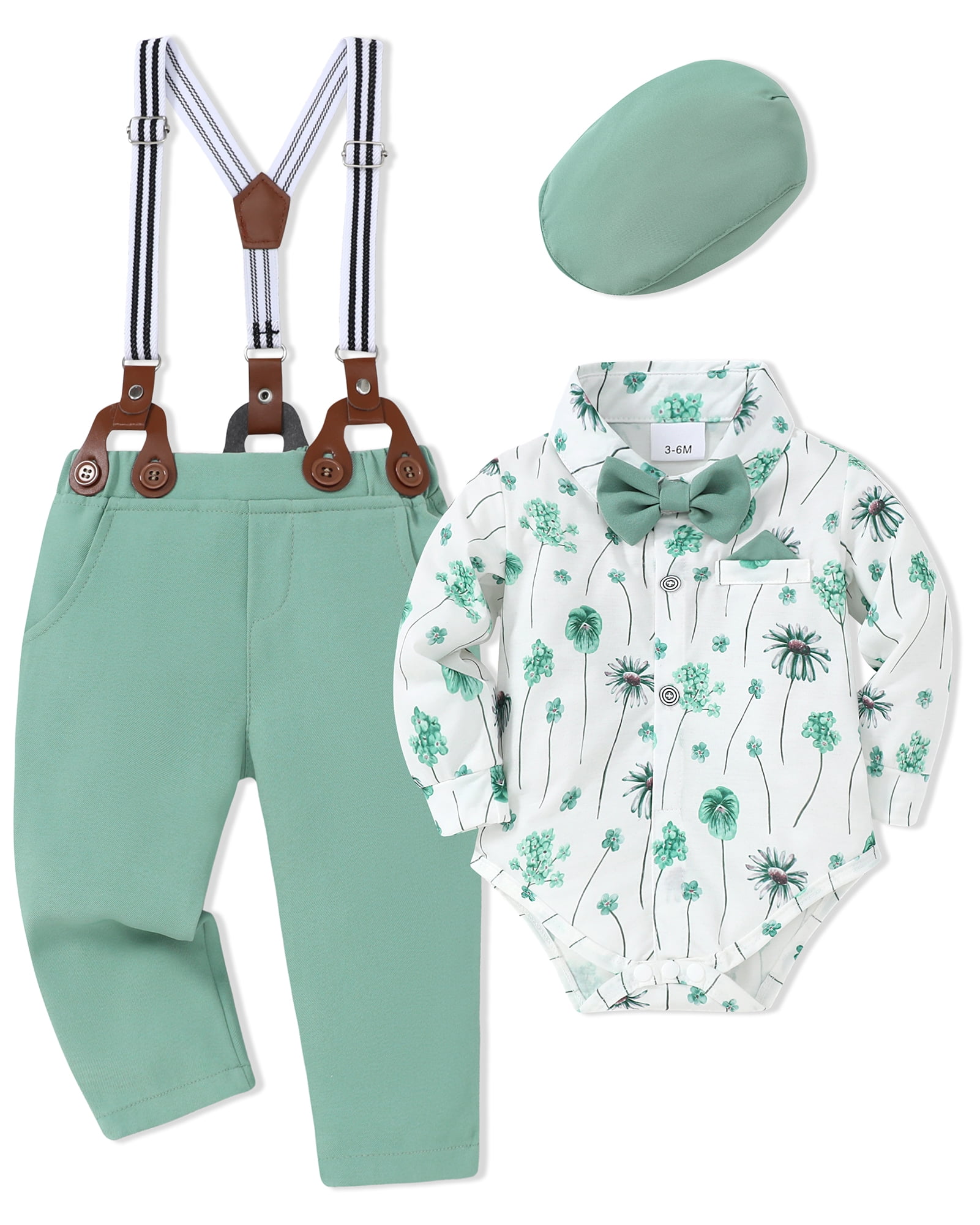 SANMIOI Infant Baby Boy Clothes 0-24 Months Gentleman's Suit Outfit Formal Shirt Suspender Pants Hat Bowtie 4pcs