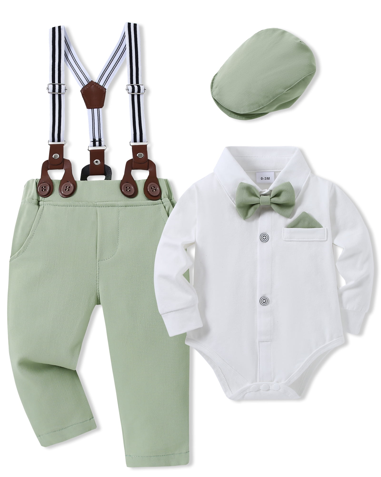 SANMIOI Infant Baby Boy Clothes 0-24 Months Gentleman's Suit Outfit Formal Shirt Suspender Pants Hat Bowtie 4pcs