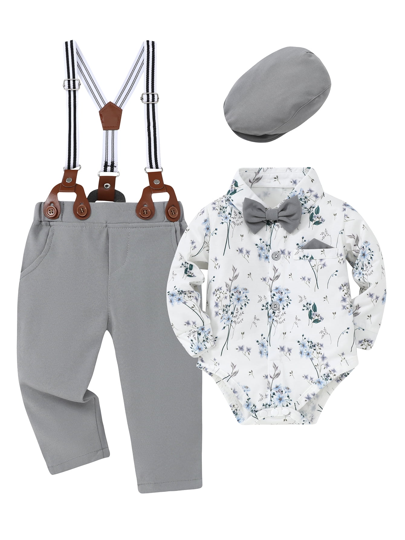 SANMIOI Infant Baby Boy Clothes 0-24 Months Gentleman's Suit Outfit Formal Shirt Suspender Pants Hat Bowtie 4pcs