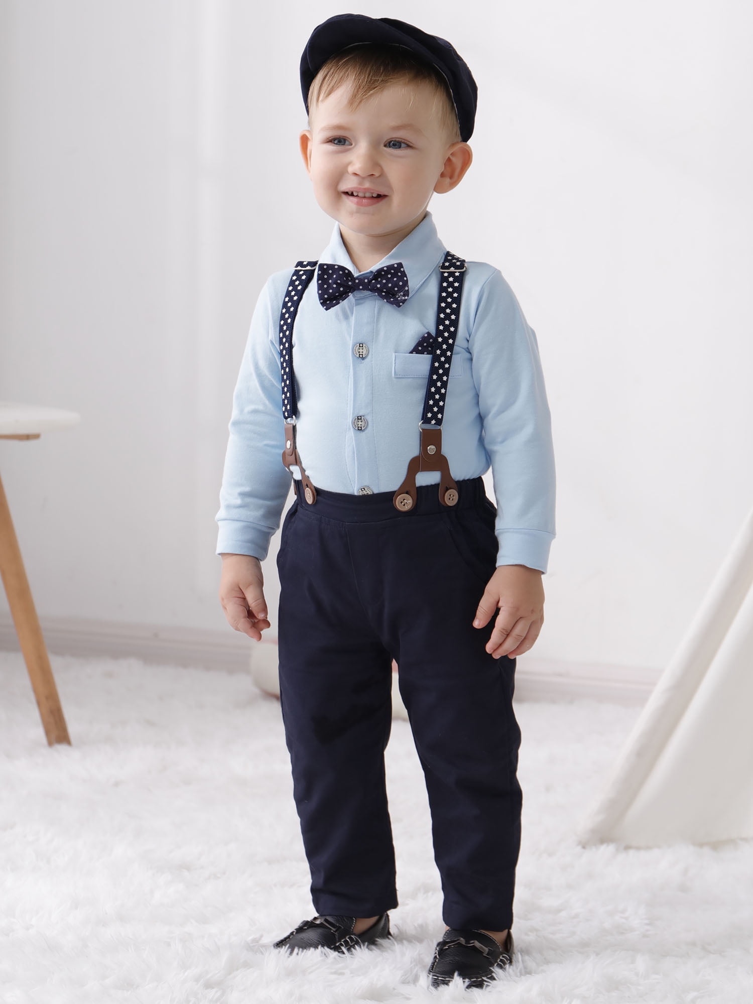 SANMIOI Infant Baby Boy Clothes 0-24 Months Gentleman's Suit Outfit Formal Shirt Suspender Pants Hat Bowtie 4pcs