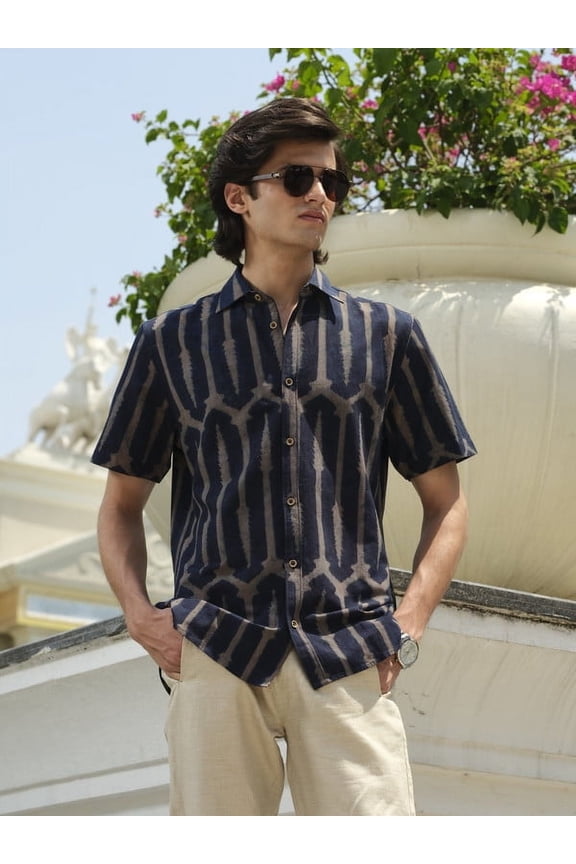 SANMOH - Indigo Block Print Shirt | Organic Cotton & Linen | Half Sleeve