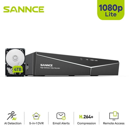 SANNCE 16 Channel CCTV DVR With 4TB HDD, 1080P Hybrid 5-in-1 Security Camera Recorder, Supports 2MP TVI AHD CVI CVBS Analog IP Surveillance Cameras, Remote Access, Motion Alert