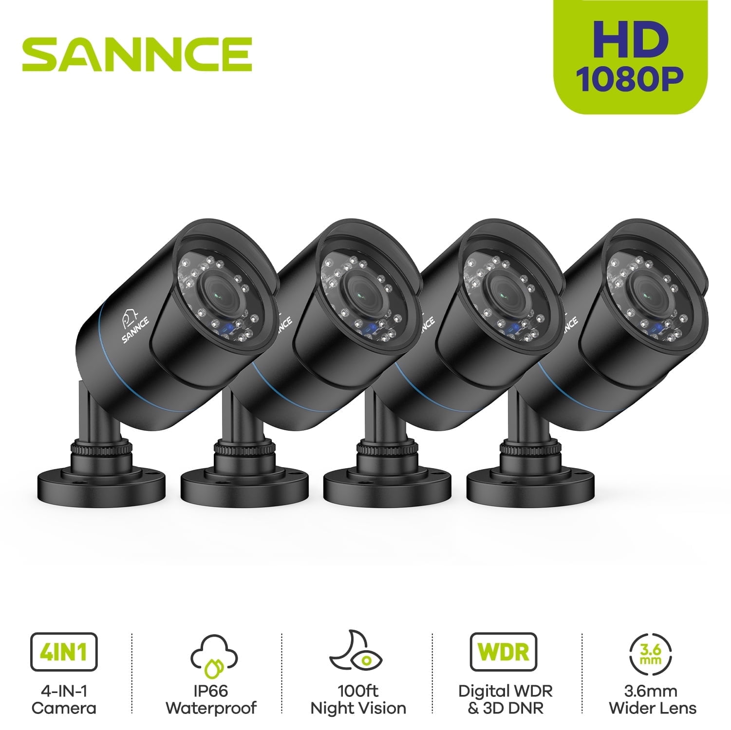 SANNCE 1080P Outdoor Security System, IP66 Weatherproof, Clear Night Vision, 4 CCTV Cameras