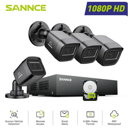 SANNCE 8CH H.265 1080P Wired Security Camera System With AI Human/Vehicle Detection,4Pcs 2MP CCTV IP67 Cameras With 66ft IR Night Vision,,1TB Hard Drive