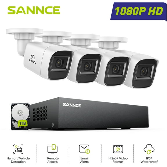 SANNCE 8CH 1080P Home Surveillance Camera System and 4 * 1080P TVI Weatherproof CCTV Cameras,Easy Remote Access, Wired Security Camera System Outdoor, 1TB HDD