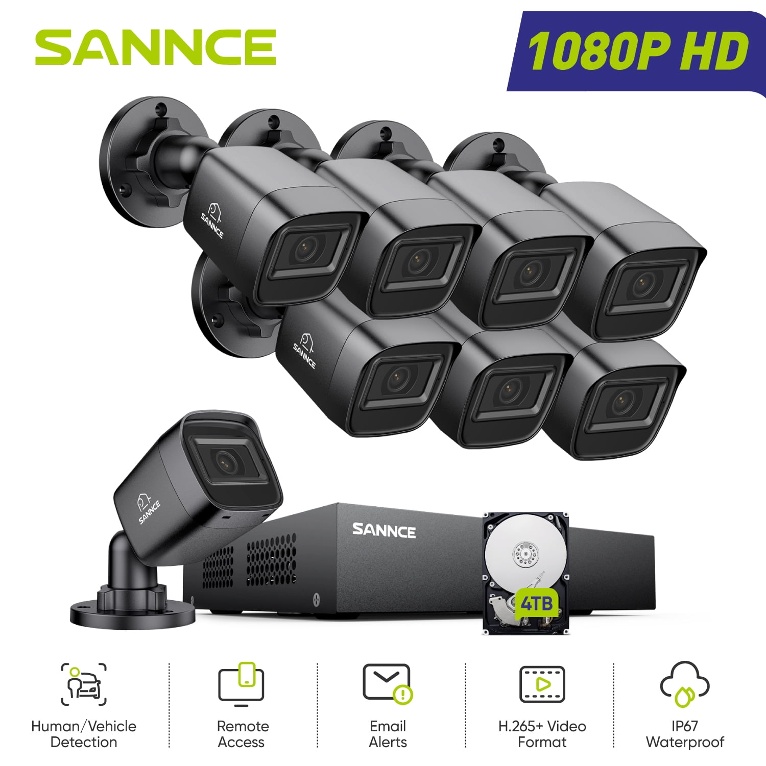 SANNCE 1080P Security Camera System,8Pcs IP67 Outdoor Security camera，8CH Wired Surveillance DVR With Person Vehicle Detection,4TB Hard Drive
