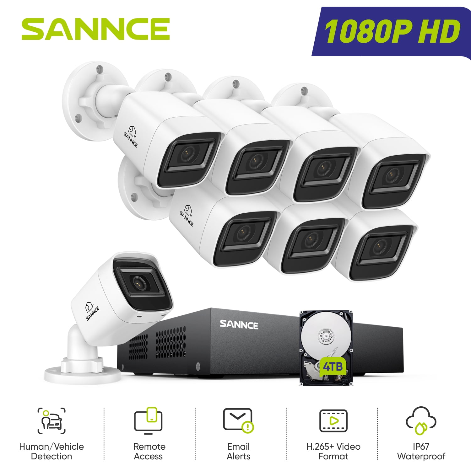 SANNCE 1080P Wired Security Camera System with 4TB Hard Drive, 5-in-1 Hybrid 8CH DVR and 8Pcs Surveillance CCTV Cameras with 100ft Night Vision, IP66 Waterproof, Easy Remote Access, 24/7 Recording
