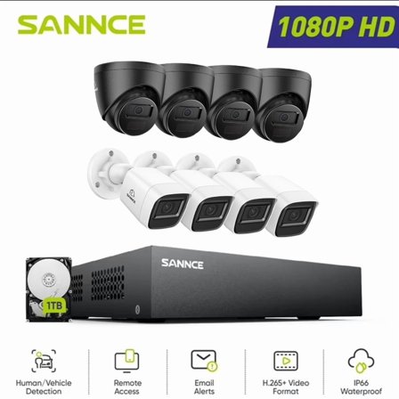 SANNCE 1080P Wired Security Camera System, 8CH CCTV 5-in-1DVR with 1TB HDD and 8Pcs Outdoor Surveillance Bullet Turret Cameras, Support 100ft Night Vision, Waterproof, Remote Access, Motion Alert, fo