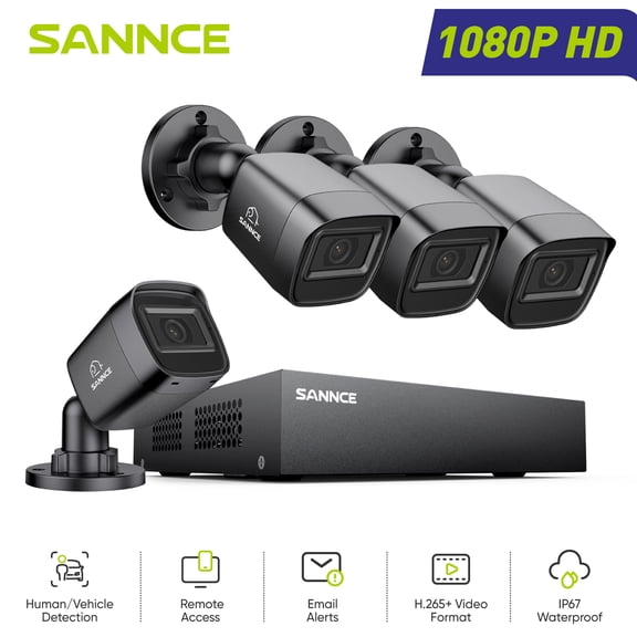 SANNCE 1080P Wired Security Camera System Outdoor With AI Human/Vehicle Detection,8CH H.265 Surveillance DVR and 4Pcs 2MP IP67 Security Cameras