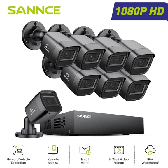 SANNCE 1080P Wired Security Camera System Outdoor With Person Vehicle Detection,8CH H.265 DVR Recorder and 8Pcs 2MP IP67 Security Cameras