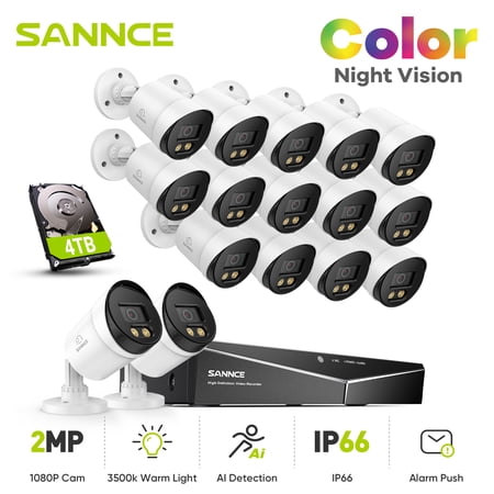 SANNCE 16PCS 1080P CCTV Security Camera System, Full Color Night Vision, 16CH 5-in-1 Digital Video Recorder DVR and 16PCS Surveillance Bullet Cameras Outdoor IP66, Motion Detection, 4TB Hard Drive