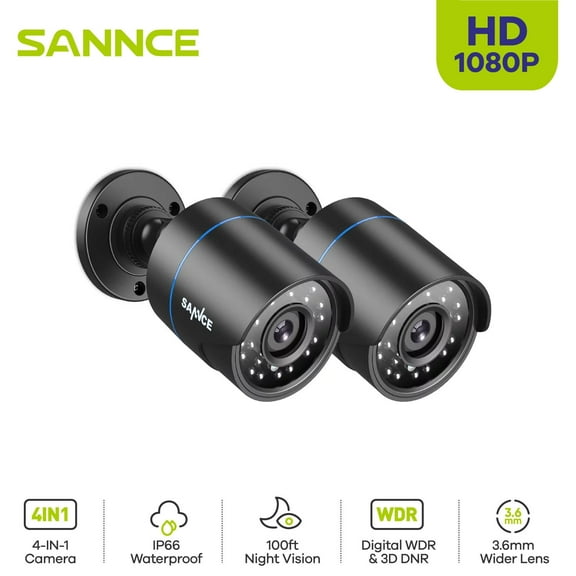 SANNCE 2pcs AHD/TVI/CVI/CVBS 4-in-1 1080p Security Camera IP66 Weatherproof Analog CCVT Surveillance Bullet Camera for Indoor and Outdoor Use