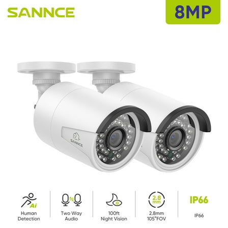 SANNCE 2x 4K 8MP POE Security IP Camera Outdoor Two Way Audio Vehicle Human Detection, IP Security Bullet Camera for PoE NVR, Built-in Microphone and Speaker, Smart IR LEDs, IP66 waterproof