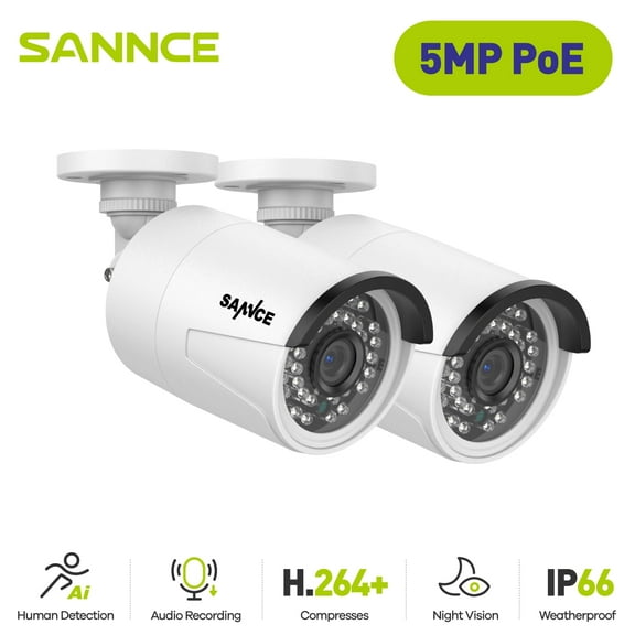 SANNCE 2x 5MP POE Security IP Camera 2-Way Audio Recording Outdoor AI Detection, H.265+ Bullet Cameras for PoE NVR, IP66 Weatherproof, Smart IR LEDs, Night Vision, Human Body Detection and Built-in Mi