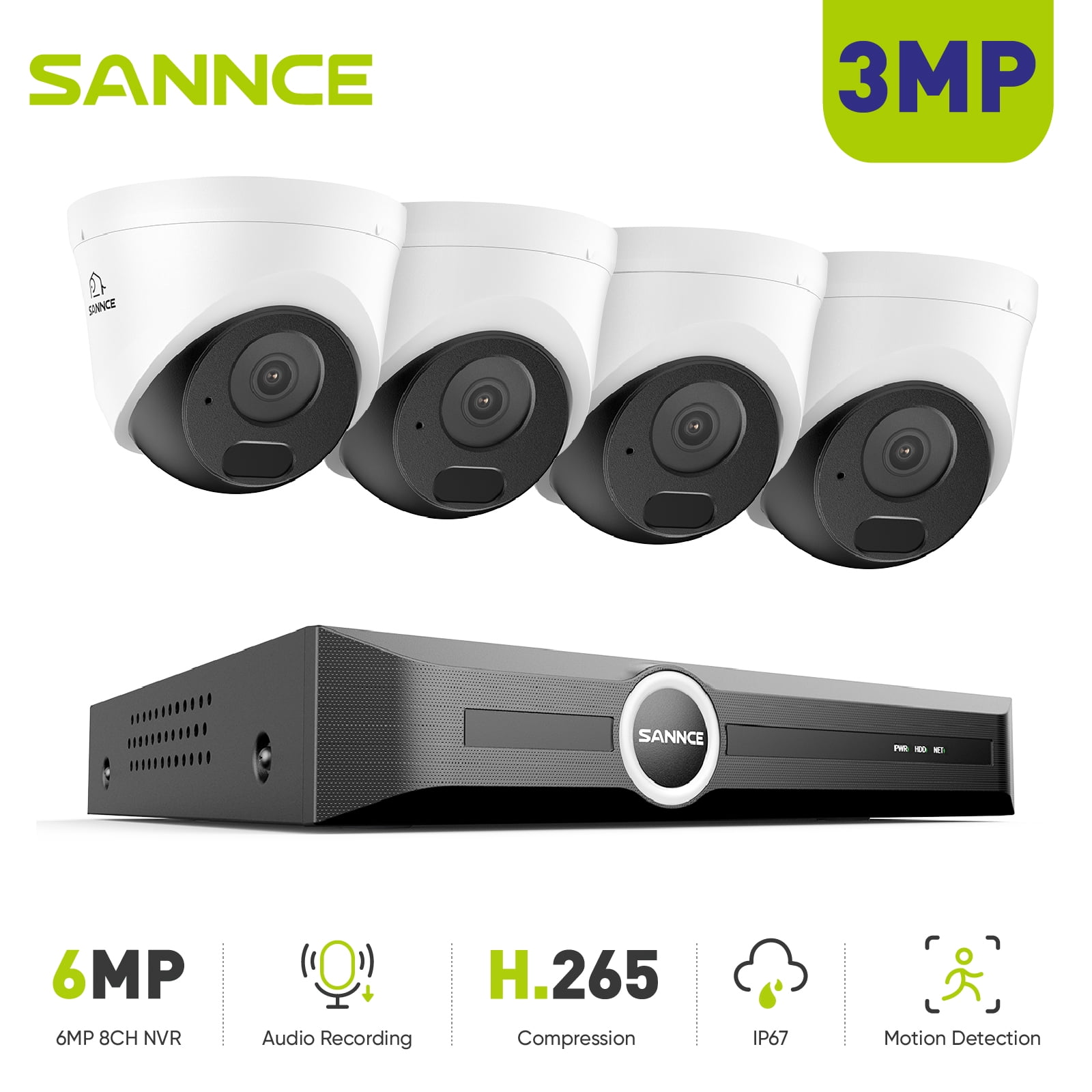 SANNCE 6MP 8CH PoE Security Camera System,S+265 NVR Recorder,4Pcs 3MP Wired PoE Security Cameras,AI Human/Vehicle Detection,100Ft Color Night Vision,0TB HDD