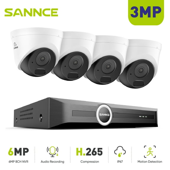 SANNCE 6MP 8CH PoE Security Camera System,S+265 NVR Recorder,4Pcs 3MP Wired PoE Security Cameras,AI Human/Vehicle Detection,100Ft Color Night Vision,0TB HDD