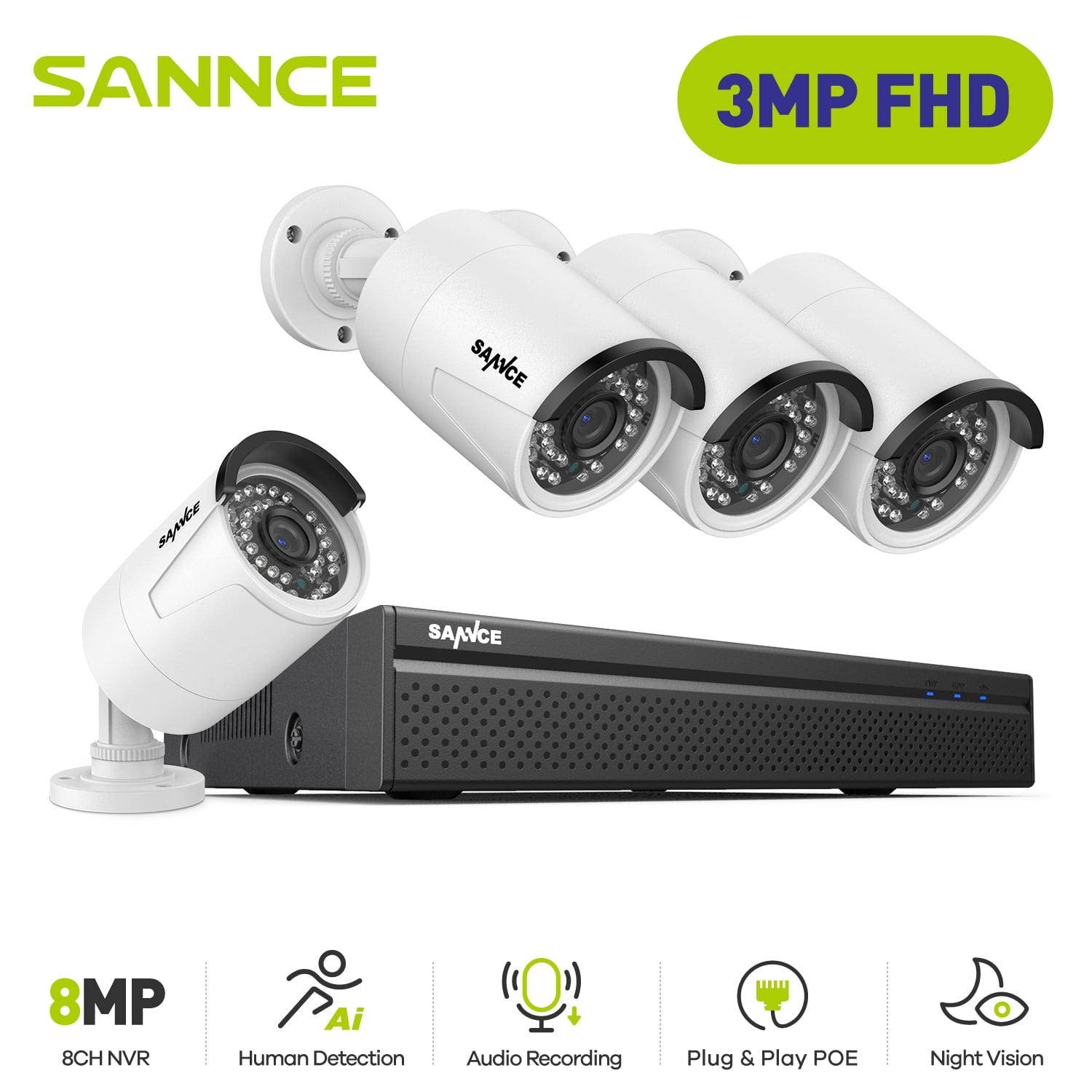 SANNCE 4K POE CCTV Home Security Camera System 8CH POE NVR Recorder, 4X 3MP Outdoor Metal IP Bullet Cam, Power Over Ethernet, Motion Alert, H.265+, Humanoid, Infrared, with Audio Input