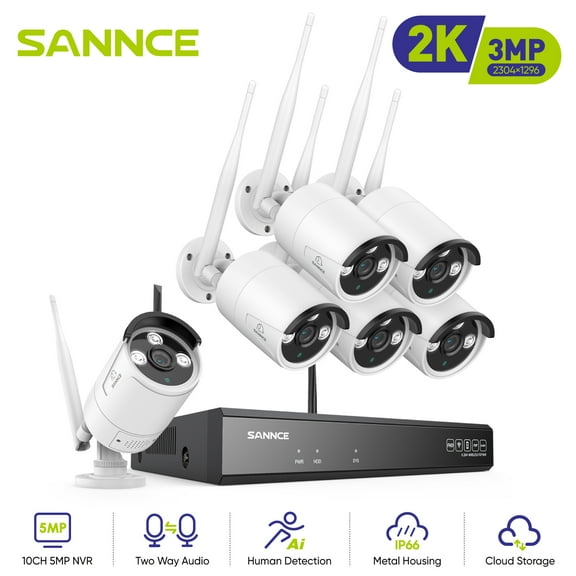 SANNCE 3MP Wireless Wi-Fi Security Camera System, 8CH 5MP NVR and 6Pcs 3MP Outdoor Indoor WiFi Cameras, 100ft Night Vision Motion Alert AI Human Detection Waterproof Work with Alexa