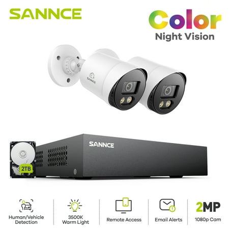 SANNCE CCTV Security Camera System 1080P Colour Night Vision, 8CH 5-IN-1 Digital Video Recorder DVR with Hard Drive 2TB, 2PCS Surveillance Bullet Cameras Outdoor IP66, Motion Detection, Easy DIY