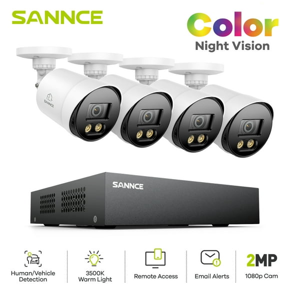 SANNCE CCTV Security Camera System 1080P Colour Night Vision, 8CH 5-IN-1 Digital Video Recorder DVR with Hard Drive 0TB, 4PCS Surveillance Bullet Cameras Outdoor IP66, Motion Detection, Easy DIY