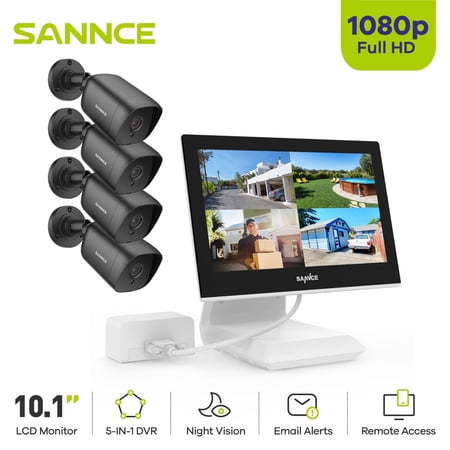 SANNCE 4CH DVR 1080p Full HD Home Outdoor Security Camera System with 10"1 LCD, Remote Access ,Motion Detection , Surveillance DVR Recorder with 4Pcs Metal 100ft Night Vision Cameras
