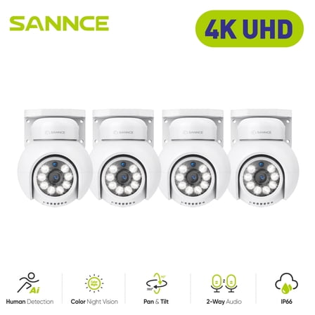 SANNCE 4K 8MP 4PCS UHD PoE Security Outdoor PT IP Camera - Pan & Tilt, Smart Vehicle Detection, Two-way Audio, Up to 256G TF card torage, Support Onvif