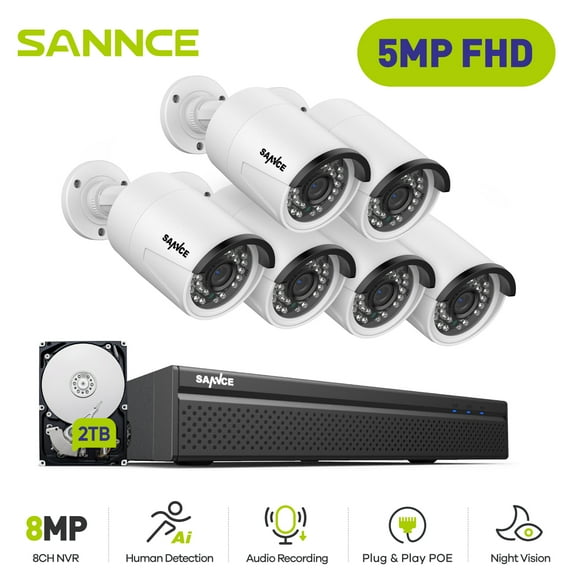 SANNCE 4K Home Security Camera System,8CH NVR Recorder and 4Pcs 5MP Security Camera Outdoor,Power Over Ethernet,Easy Mobile Access with APP Alert,2TB