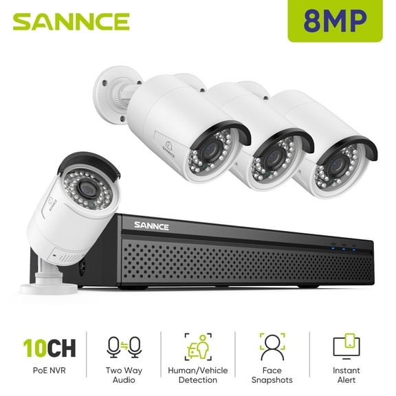 SANNCE 4K POE CCTV Home Security Camera System 8CH POE NVR Recorder, 4X 8MP Outdoor Metal IP Cam 8MP Resolution, Power Over Ethernet, Easy Mobile Access with APP Alert