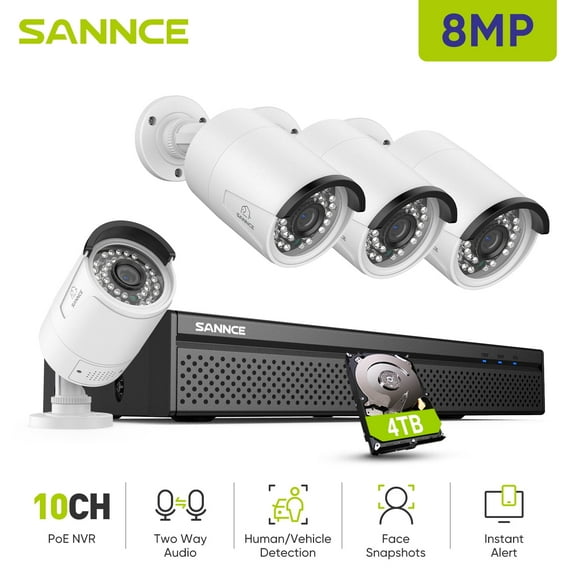 SANNCE 4K POE CCTV Home Security Camera System 8CH POE NVR Recorder, 4X 8MP Outdoor Metal IP Cam 8MP Resolution, Easy Mobile Access with APP Alert, 4TB HDD