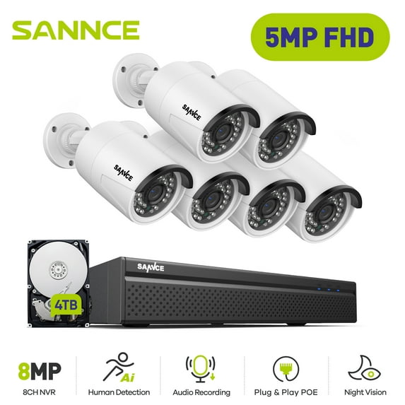 SANNCE 4K Security Camera System Outdoor,8CH Poe NVR Recorder and 4Pcs 5MP Security Camera Outdoor,Power Over Ethernet,Easy Mobile Access with APP Alert,4TB