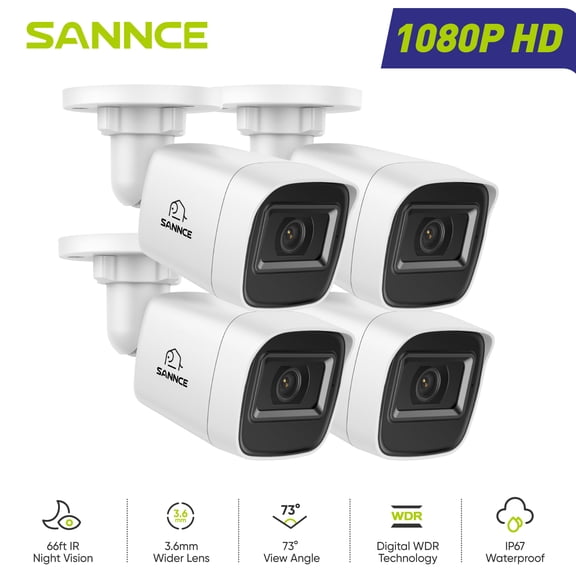 SANNCE 4PCS 1080P Security Camera AHD/TVI/CVI/CVBS 4-in-1 CCTV Bullet Camera IP66 Weatherproof Analog CCTV Surveillance Bullet Camera Indoor Outdoor, 100ft Night Vision (White)