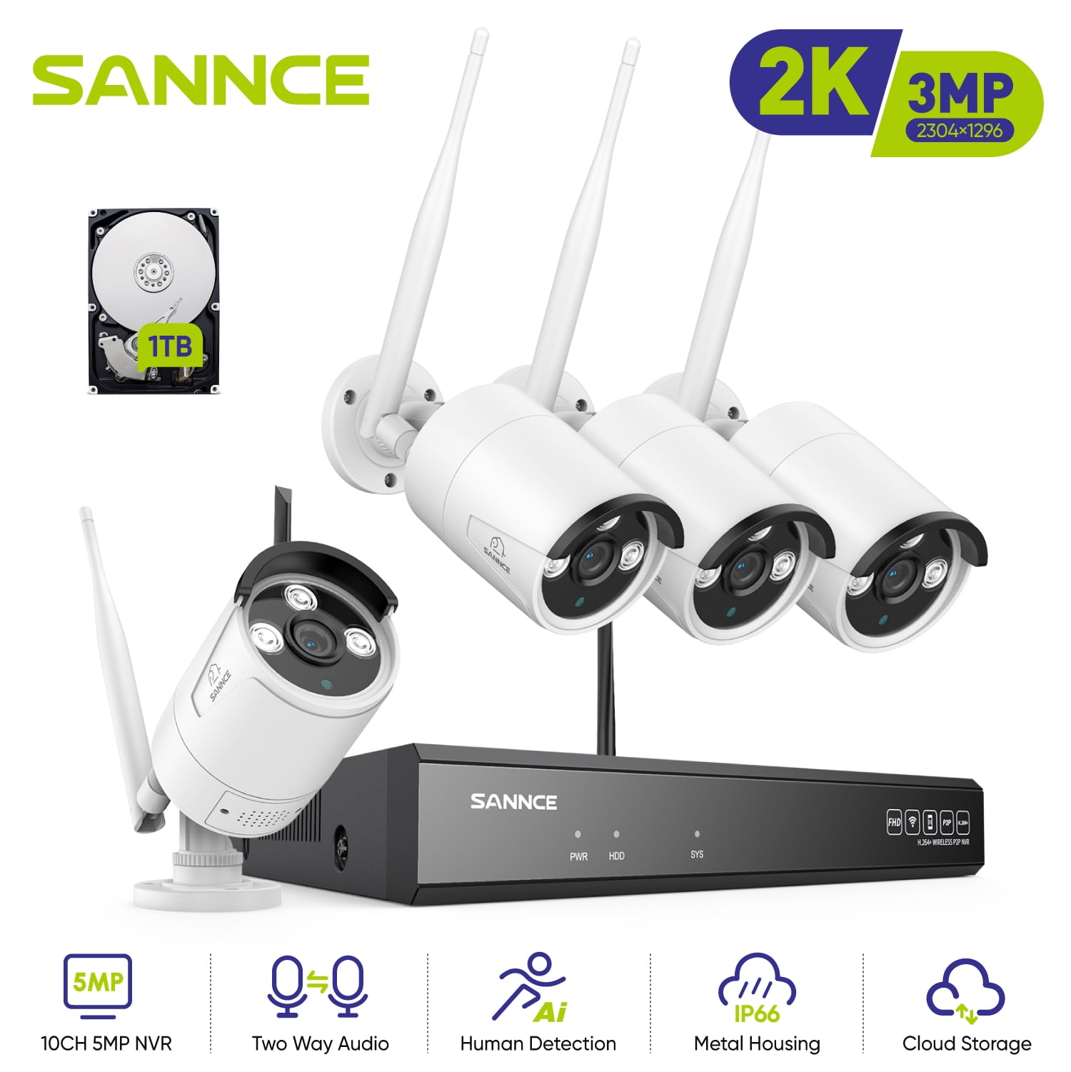 SANNCE 4PCS 3MP H.265+ Wireless Wi-Fi Security Camera System, 100ft ...