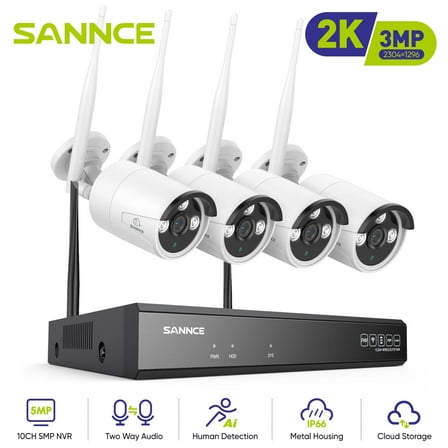 SANNCE 4PCS 3MP H.265+ Wireless Wi-Fi Security Camera System, 100ft Night Vison, IP66, Remote Monitoring, NO HDD, Human Detecti, 5MP 8CH NVR Two-Way Audio Recording and 3MP Bullet Cameras