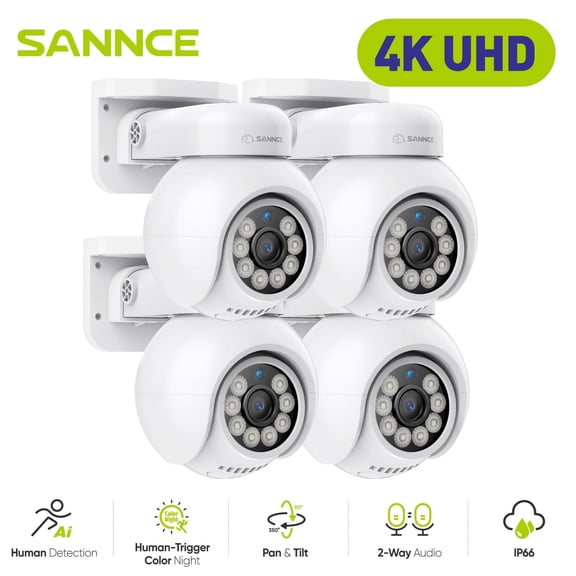 SANNCE 4PCS 4K PoE Dome Camera with Microphone/Audio, Security Camera Outdoor Night Vision 100ft Waterproof IP66 Indoor Wide Angle 2.8mm 24/7 Recording Add-on Camera, Vehicle and Pedestrian Inspect