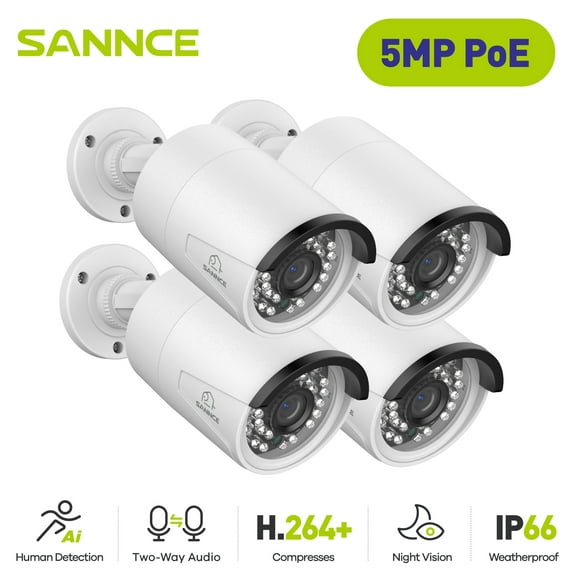 SANNCE 4x 5MP POE Security IP Camera 2-Way Audio Recording Outdoor AI Detection, H.265+ Bullet Cameras for PoE NVR, IP66 Weatherproof, Smart IR LEDs, Night Vision, Human Body Detection and Built-in Mi
