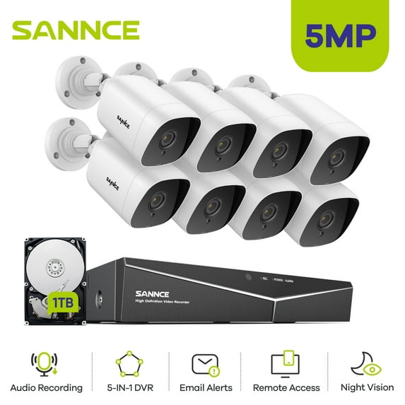 SANNCE 5MP-N 8CH HD DVR Home Security Camera System 8Pcs 5MP IP66 Outdoor Cameras Surveillance CCTV Kit with Night Vision,With 1T Hard Drive