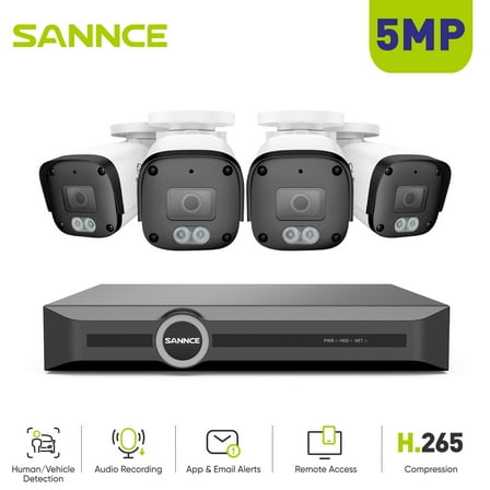 SANNCE 6MP PoE Security Camera System,8CH S+265 Surveillance NVR with 4PCS 5MP HD Weatherproof Bullet Cameras, Smart IR LED, APP Push Alert, Remote Access, 0TB HDD