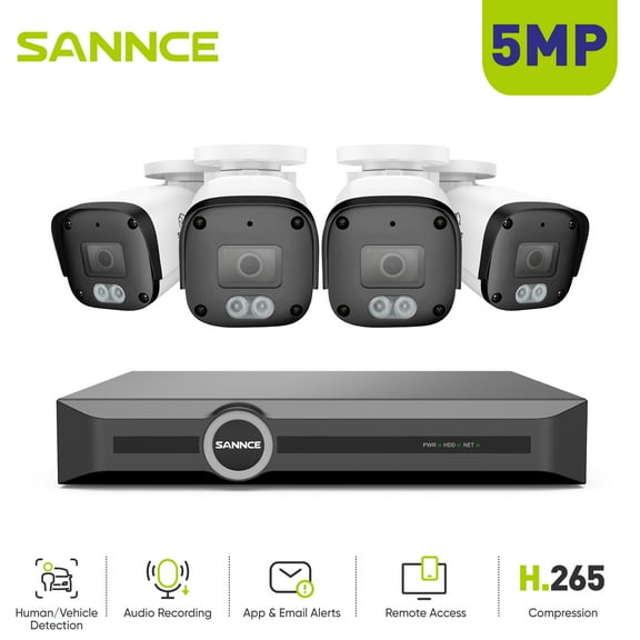 SANNCE 6MP PoE Security Camera System,8CH S+265 Surveillance NVR with 4PCS 5MP HD Weatherproof Bullet Cameras, Smart IR LED, APP Push Alert, Remote Access, 0TB HDD