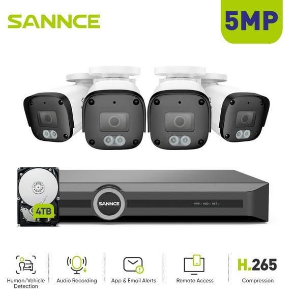 SANNCE 6MP PoE Security Camera System,8CH S+265 Surveillance NVR with 4PCS 5MP HD Weatherproof Bullet Cameras, Smart IR LED, APP Push Alert, Remote Access, 4TB HDD