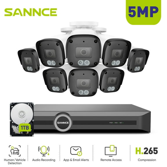 SANNCE 6MP PoE Security Camera System,8CH S+265 Surveillance NVR with 8PCS 5MP HD Weatherproof Bullet Cameras, Smart IR LED, APP Push Alert, Remote Access, 1TB HDD