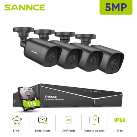 SANNCE 5in1 8CH DVR HD 5MP Security Camera System Outdoor Motion Detection,4Pcs 5MP TVI Weatherproof CCTV Bullet Cameras, Infrared Superior Night Vision,1T Hard Drive, Remote Access