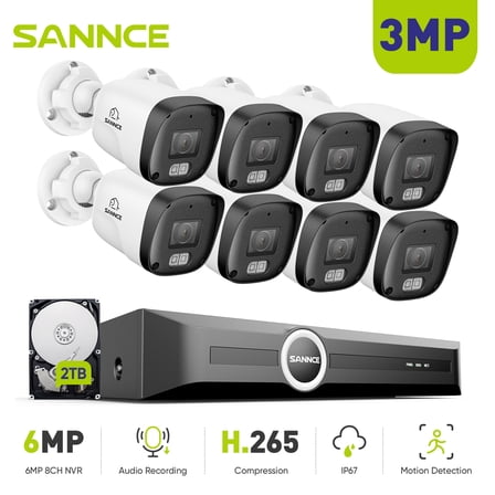 SANNCE 6MP 8CH PoE Security Camera System,H.265+ NVR,8Pcs 3MP Wired Bullet Security IP Cams,AI Human/Vehicle Detection,Built-in Mic,100Ft Color Night Vision,IP67 Waterproof,2TB HDD