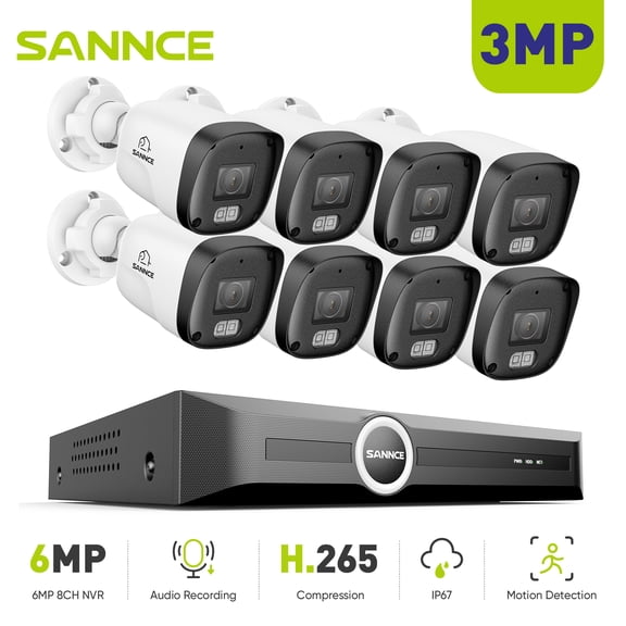 SANNCE 6MP 8CH PoE Security Camera System,H.265+ NVR,8Pcs 3MP Wired Bullet Security IP Cams,AI Human/Vehicle Detection,Built-in Mic,100Ft Color Night Vision,IP67 Waterproof,0TB HDD