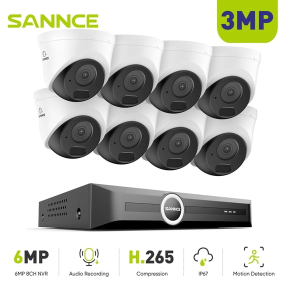 SANNCE 6MP 8CH PoE Security Camera System,S+265 NVR Recorder,8Pcs 3MP Wired PoE Security Cameras,AI Human/Vehicle Detection,100Ft Color Night Vision,0TB HDD