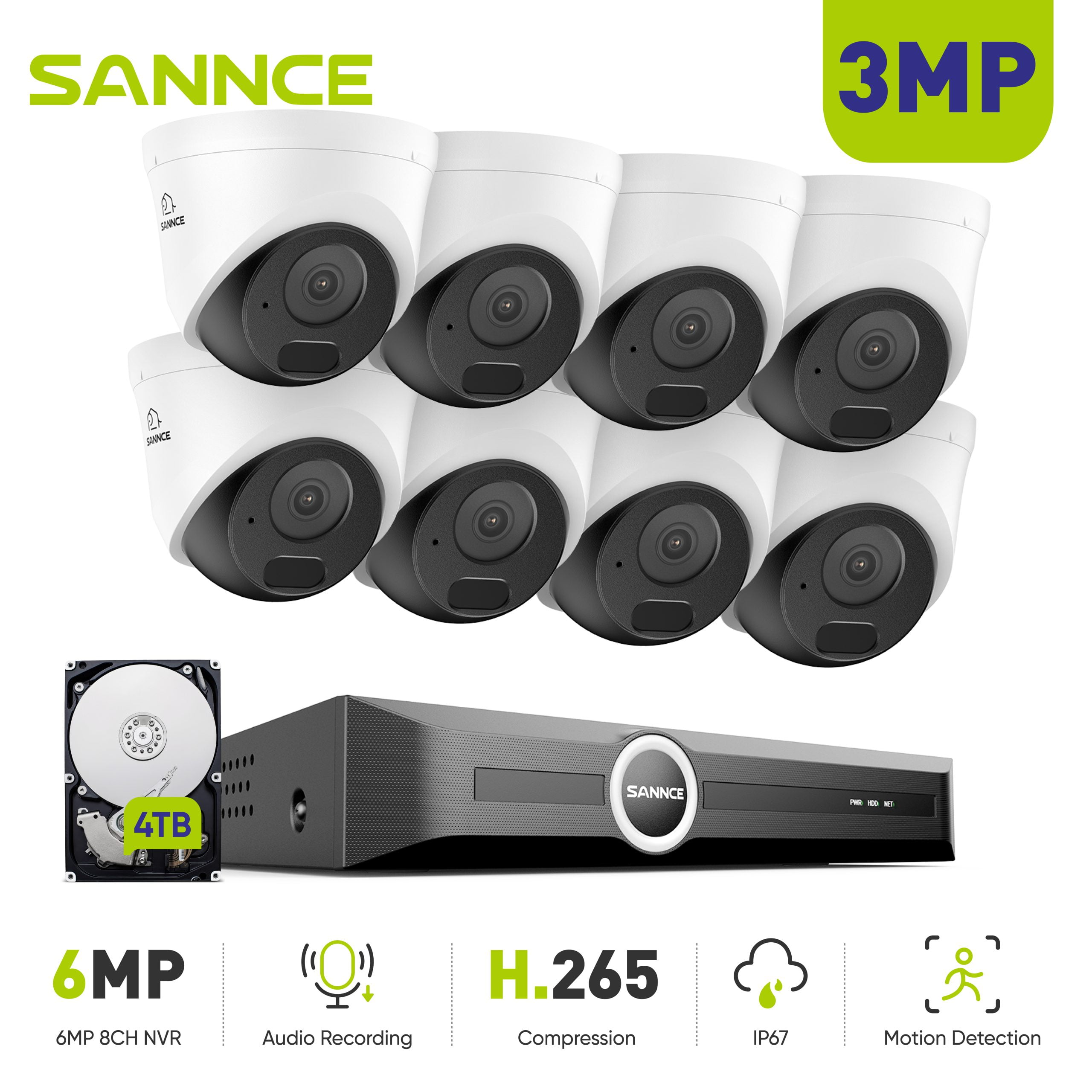 SANNCE 6MP 8CH PoE Security Camera System,S+265 NVR Recorder,8Pcs 3MP Wired PoE Security Cameras,AI Human/Vehicle Detection,100Ft Color Night Vision,4TB HDD