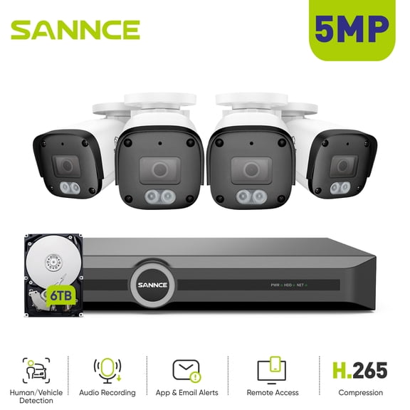 SANNCE 6MP Security Camera System S+H.265 PoE NVR Recorder With AI Human/Vehicle Detection and 4Pcs 5MP IP67 Security Cameras,100ft night vision with Smart IR,6TB