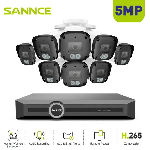 SANNCE 6MP Security Camera System S+H.265 PoE NVR Recorder With AI Human/Vehicle Detection and 8Pcs 5MP IP67 Security Cameras,100ft night vision with Smart IR,0TB