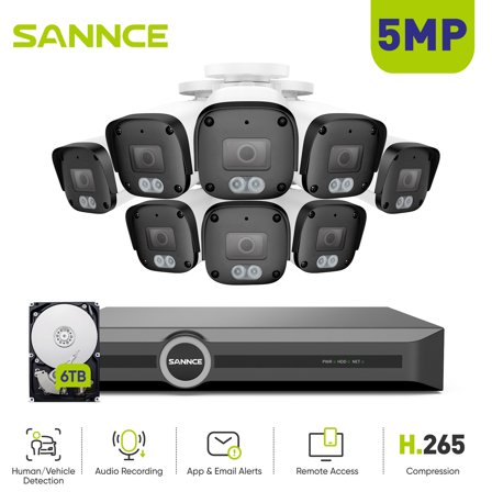 SANNCE 6MP Security Camera System S+H.265 PoE NVR Recorder With AI Human/Vehicle Detection and 8Pcs 5MP IP67 Security Cameras,100ft night vision with Smart IR,6TB