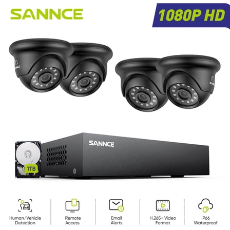 SANNCE 8 CH 1080P Wired Security Camera System - Hybrid DVR, 4pcs 2MP Turret Cameras, Outdoor & Indoor, Smart Motion Detection, Remote Access, IP66 Waterproof, 1TB HDD