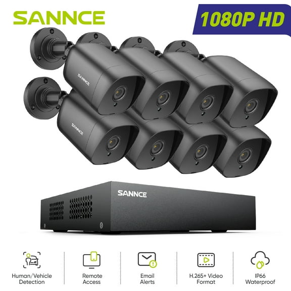 SANNCE 8 Channel 1080p Full HD 5-in-1 Security Camera System 8pcs 1080p Security Cameras for 24/7 Security Surveillance with NO Hard Drive